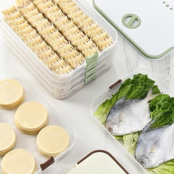 Dumplings Storage with 4 Layers, Stackable with Buckle, Lid & Handle for Cookies Wonton Donuts Box Organizer For Fridge, Milk-Brown