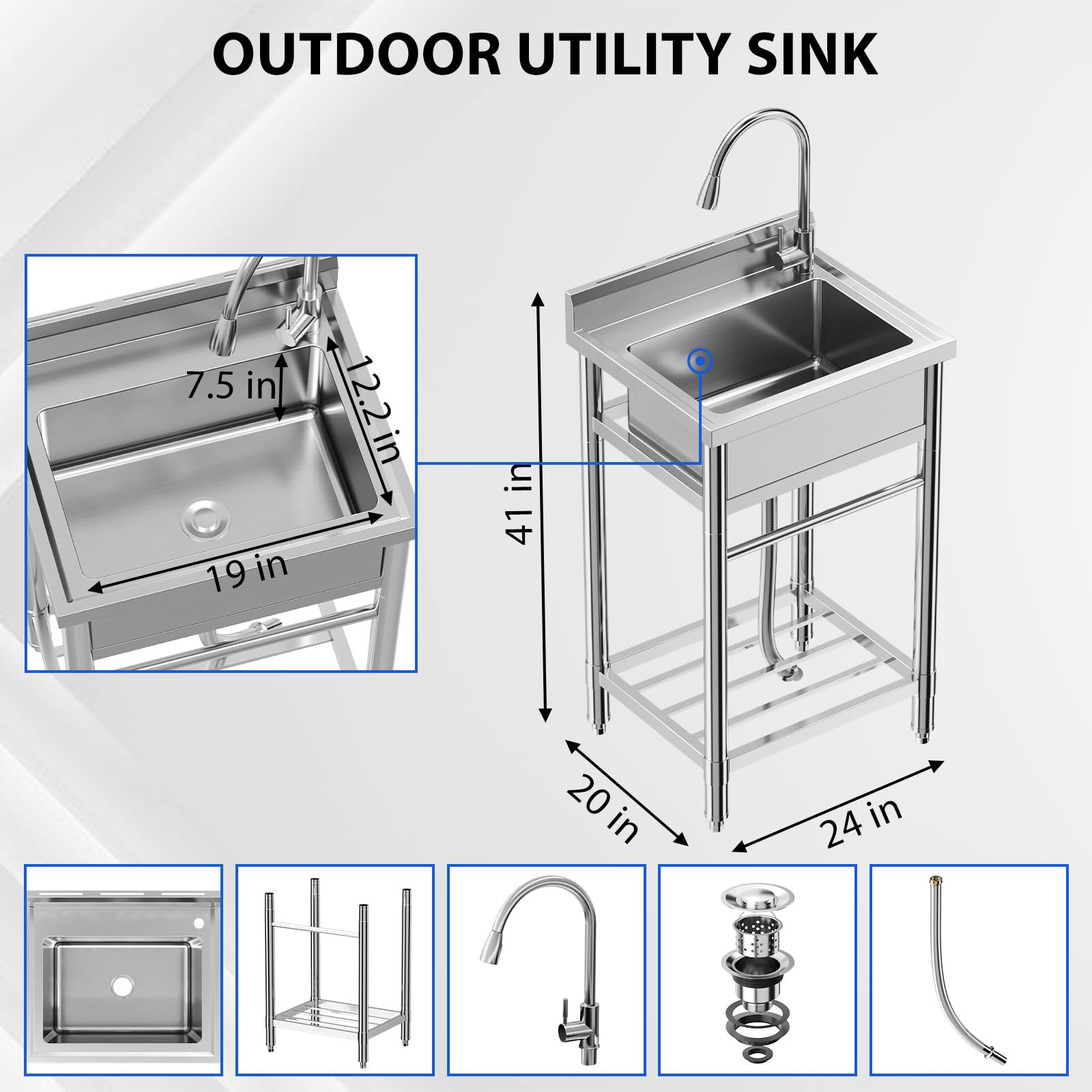 Fregadero Utilitario Independiente De Acero Inoxidable Para Lavandería y Cocina - Cubeta única - Resistente y Fácil De Instalar - Sin Grifo - Ideal Para Garaje y Taller