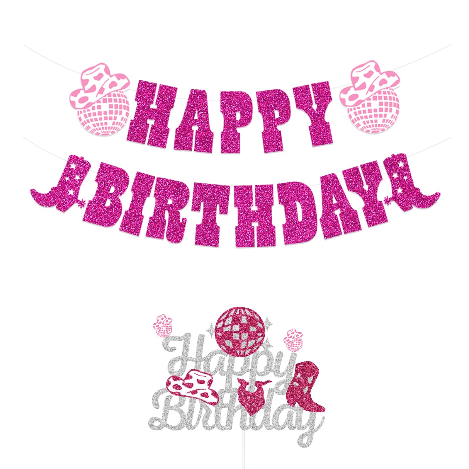 FHGG Western Cowgirl Happy Birthday Banner Cake Toppers Glitter Pink Party Decoration Hat Disco Ball Garland for Disco Girls Bachelorette