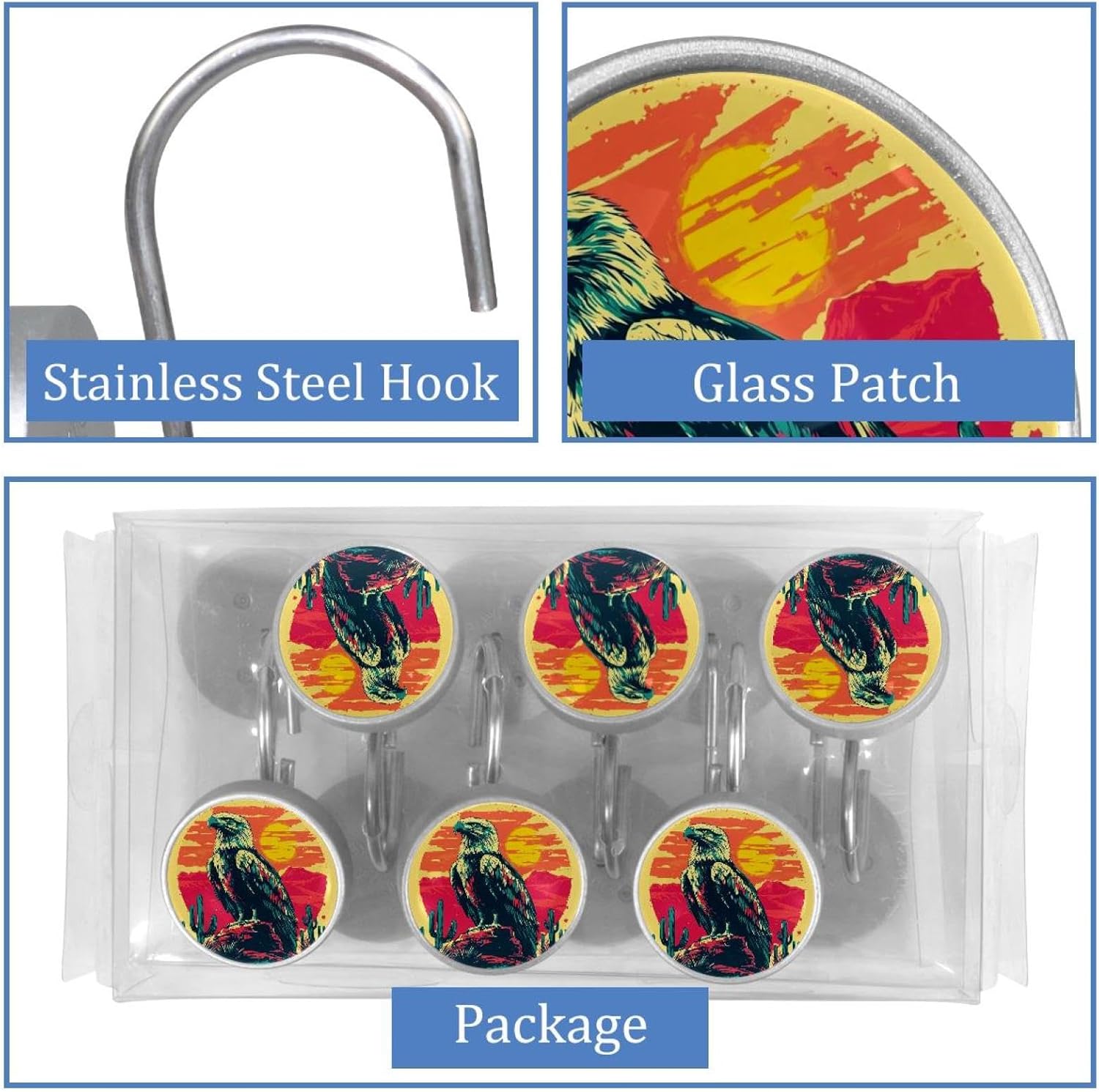 Eagle Desert (3) Shower Curtain Hooks - Set of 12 Shower Curtain Rings - Shower Hooks for Bathroom Shower Rods Curtains and Liners