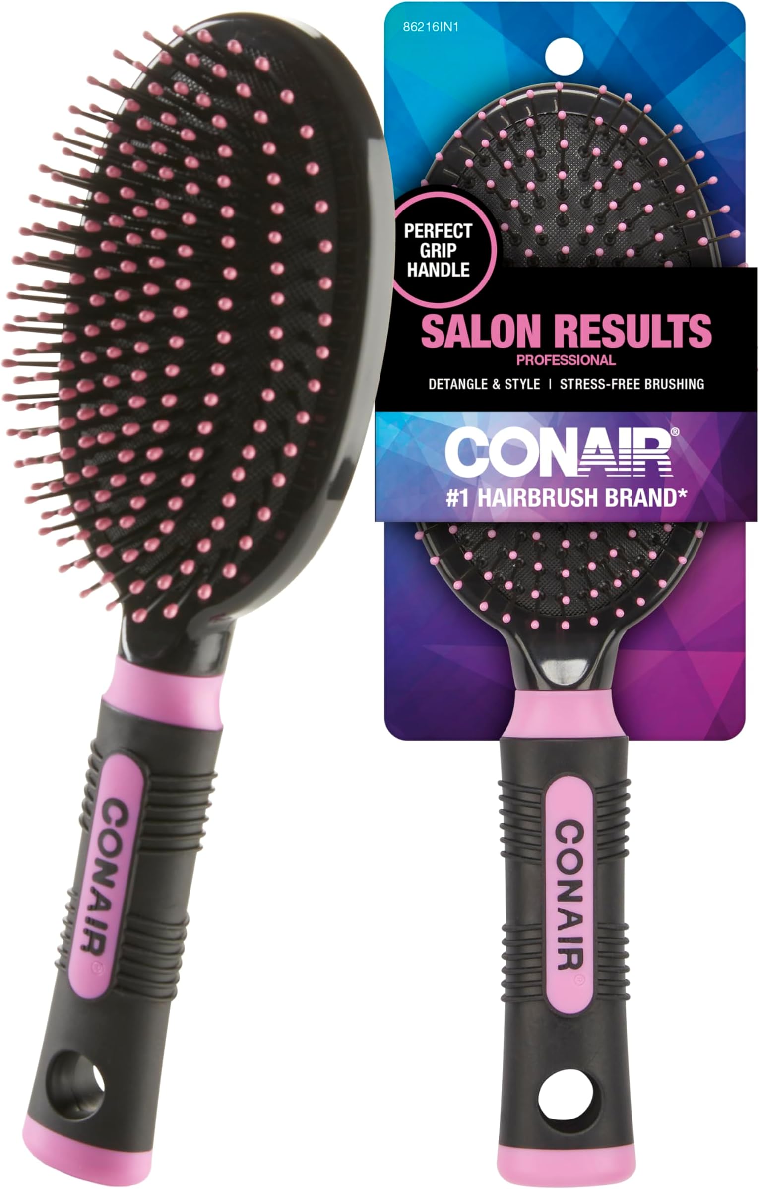 Conair Salon Results Hairbrush - Men and Women - Detangling Hair brush - ideal for curly or straight styles - features wire bristles and cushion Base - Pink/Black