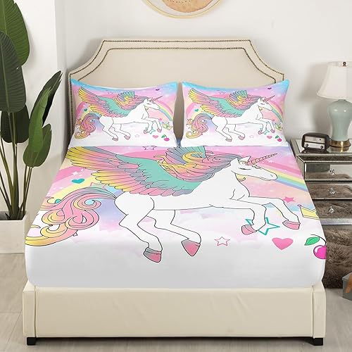 Juego de sábanas bajeras de unicornio arcoíris, tamaño Queen, juego de ropa de cama de caballo de dibujos animados, juego de sábanas con purpurina disponible en Yaxa Costa Rica