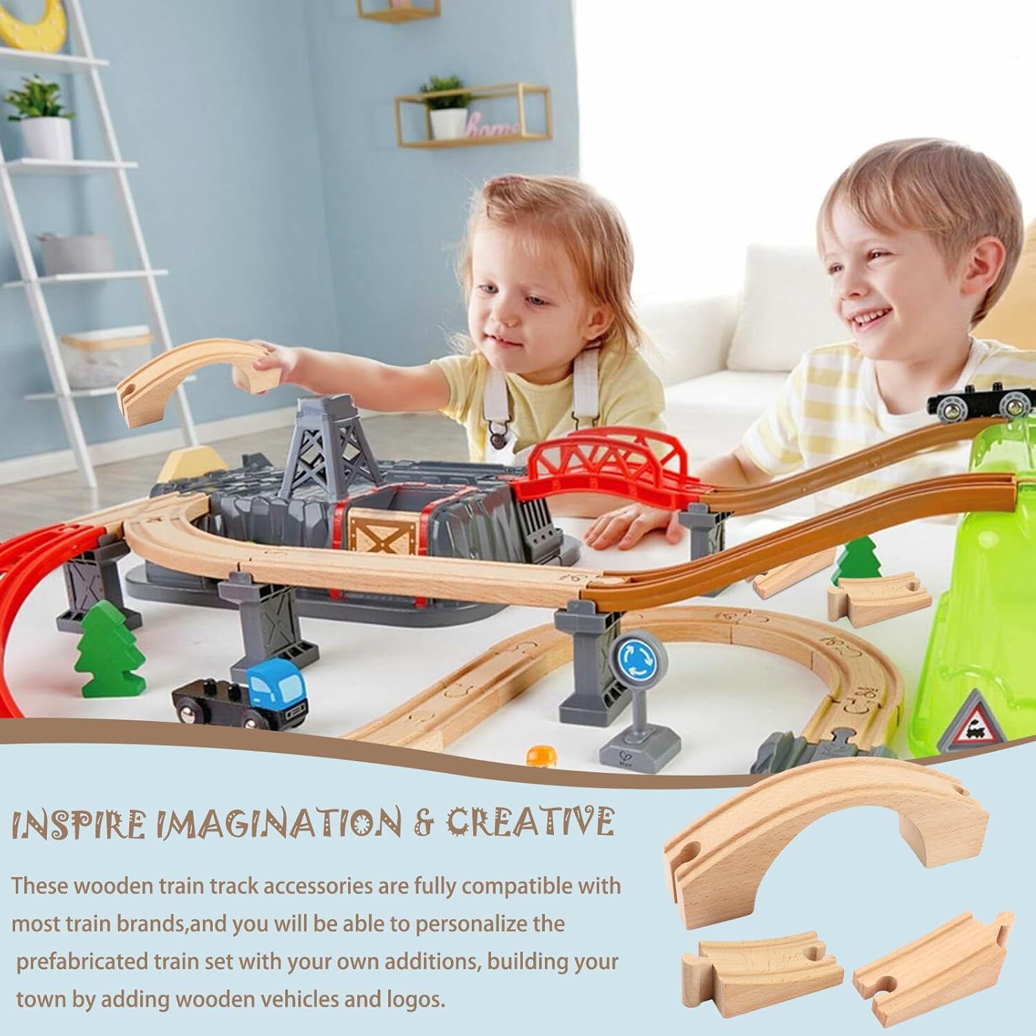 2 Pack Wood Train Track Extension Wooden Train Bridge Track Wooden Railway Bridge Accessories Wood Railroads Connectors Compatible with Most Toy Railroads for Birthdays Holiday
