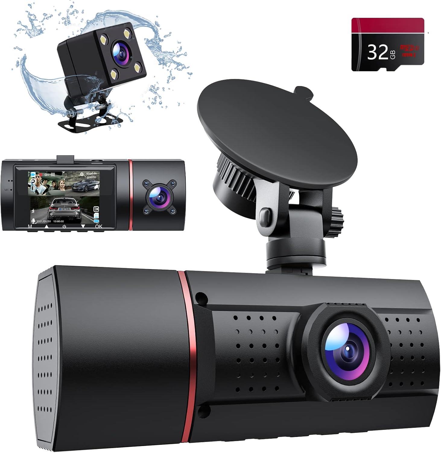 tadpoleドライブレコーダー 3カメラ 2.0インチ画面 小型ドラレコ 前後カメラ 車内カメラ 1080PフルHD 170°超広角 赤外線暗視ライト ループ録画 動体検知 駐車監視機能 Gセンサー LED信号機対策 緊急録画 HDR/WDR画像補正技術 32GB SDカード付き 日本語説明書