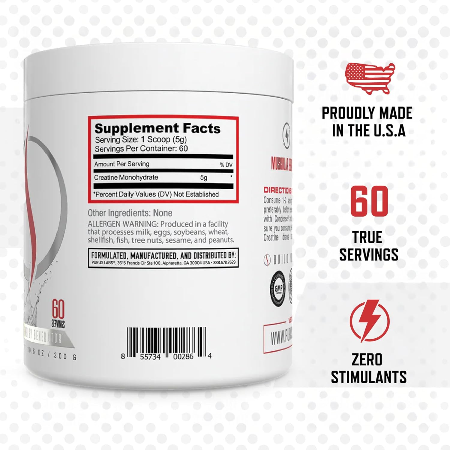 Purus Labs Foundation Series Creatine Powder | 100% Ultra Pure Micronized Creatine for Strength, Mass, Power, Recovery | 60 Servings (Unflavored)