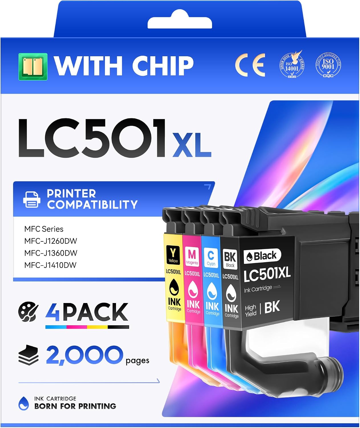LC501XL Ink Cartridges Combo 4-Pack Compatible for Brother LC501 LC501XL MFC-J1360DW Ink High Yield Use with Brother MFC-J1410DW MFC-J1260DW Printer Work Smart 1410dw 1360dw Black Cyan Magenta Yellow