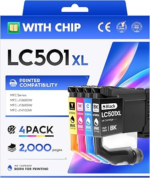 LC501XL Ink Cartridges Combo 4-Pack Compatible for Brother LC501 LC501XL MFC-J1360DW Ink High Yield Use with Brother MFC-J1410DW MFC-J1260DW Printer Work Smart 1410dw 1360dw Black Cyan Magenta Yellow