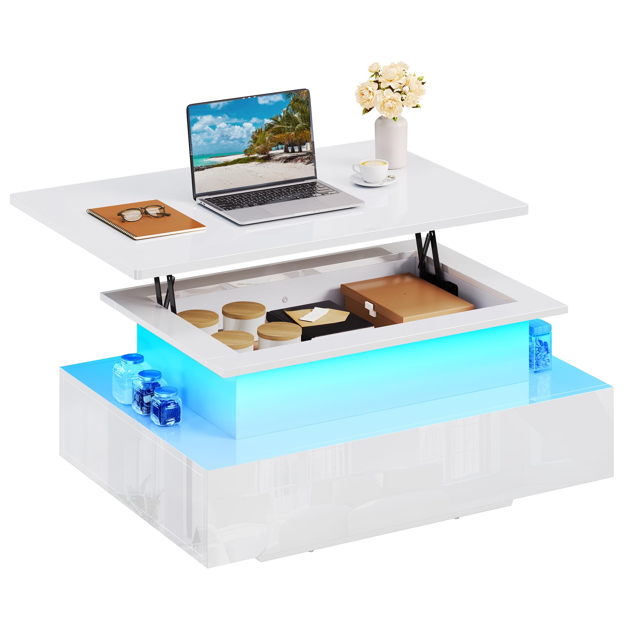 YITAHOME Mesa de Centro Elevable, Mesa de Salón Brillante Moderna con 16 LED de Colores y 2 Cajones