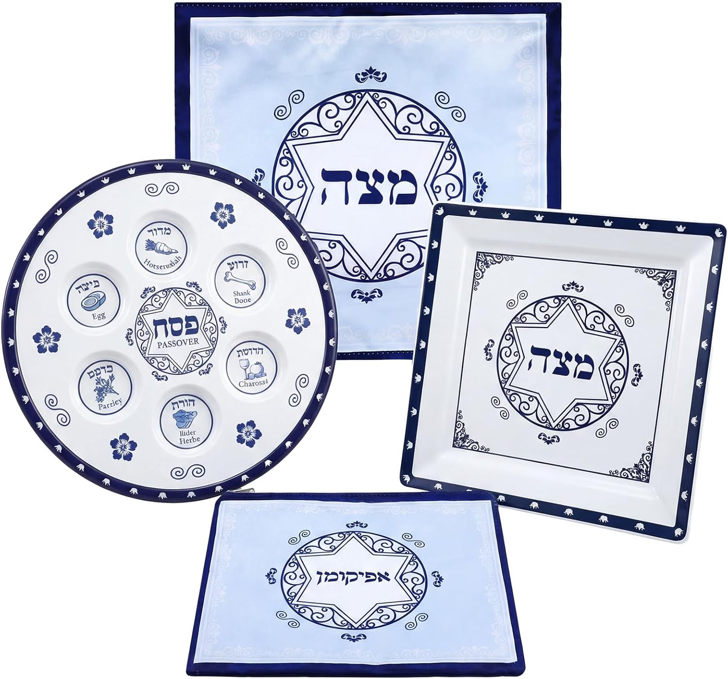 4 Pcs Ceramic Passover Seder Plates Set- 12.4" Round Renaissance Seder Plate, 9.4" Ceramic Square Matzo Tray, 3 Pocket Silk Matzo Cover, Zipper Afikoman Bag for Pesach Decoration Dinnerware
