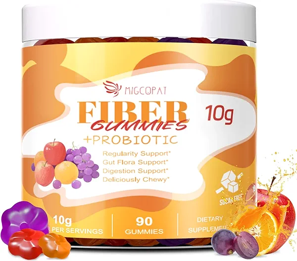 Migcopat 10G Fiber Gummies with Probiotics, Fiber Supplement with 30 Billion CFU Probiotics Blend, ACV, Vitamin C, Inulin - Support Digestive Health - No Sugar Added - Fruit Flavored - 90 Count