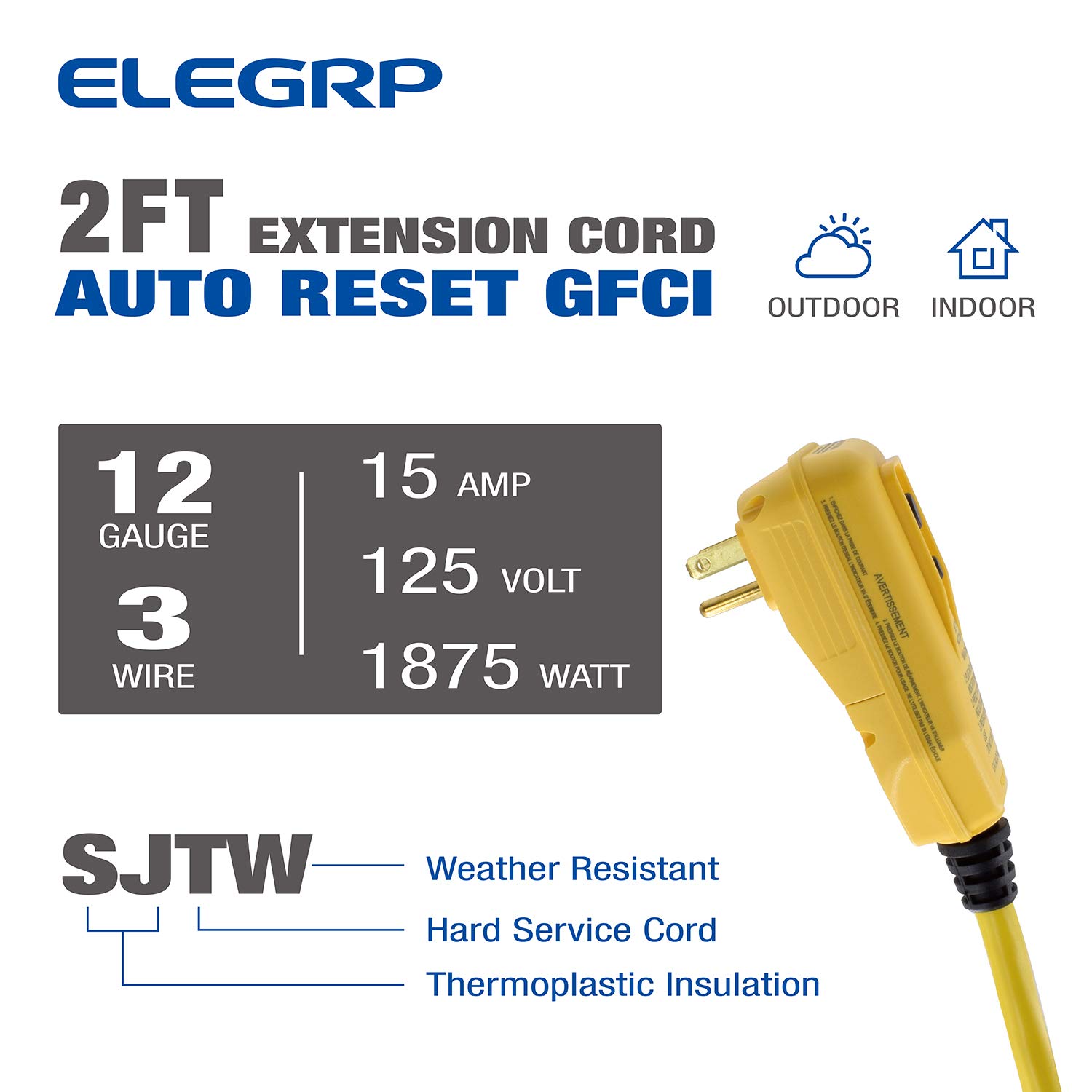 ELEGRP 15 Amp Auto Reset GFCI Extension Cord 2-ft 12/3 SJTW Heavy Duty Yellow Pigtail Cable 3 Wires 3-Prongs Grounded Plug with 3 Electrical Power Outlet, Indoor and Outdoor Christmas Light, UL Listed