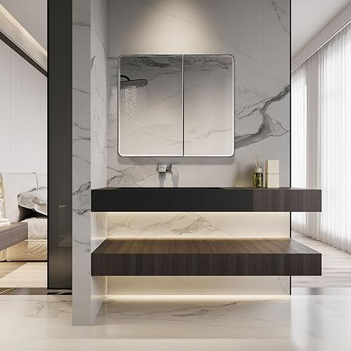 Miniatura 7 de Botiquín de baño negro con puerta redonda enmarcada y espejo de borde biselado de 22 x 20 pulgadas, empotrado o montaje en superficie, con estantes