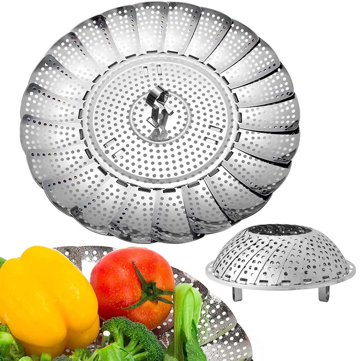 Cestello Vaporiera Pieghevole In Acciaio Inox Per Verdure E Pesce. Si Adatta A Pentole Da 13 A 22,9 Cm. Con Manico Centrale Removibile E Piedini In Silicone. Lavabile In Lavastoviglie.
