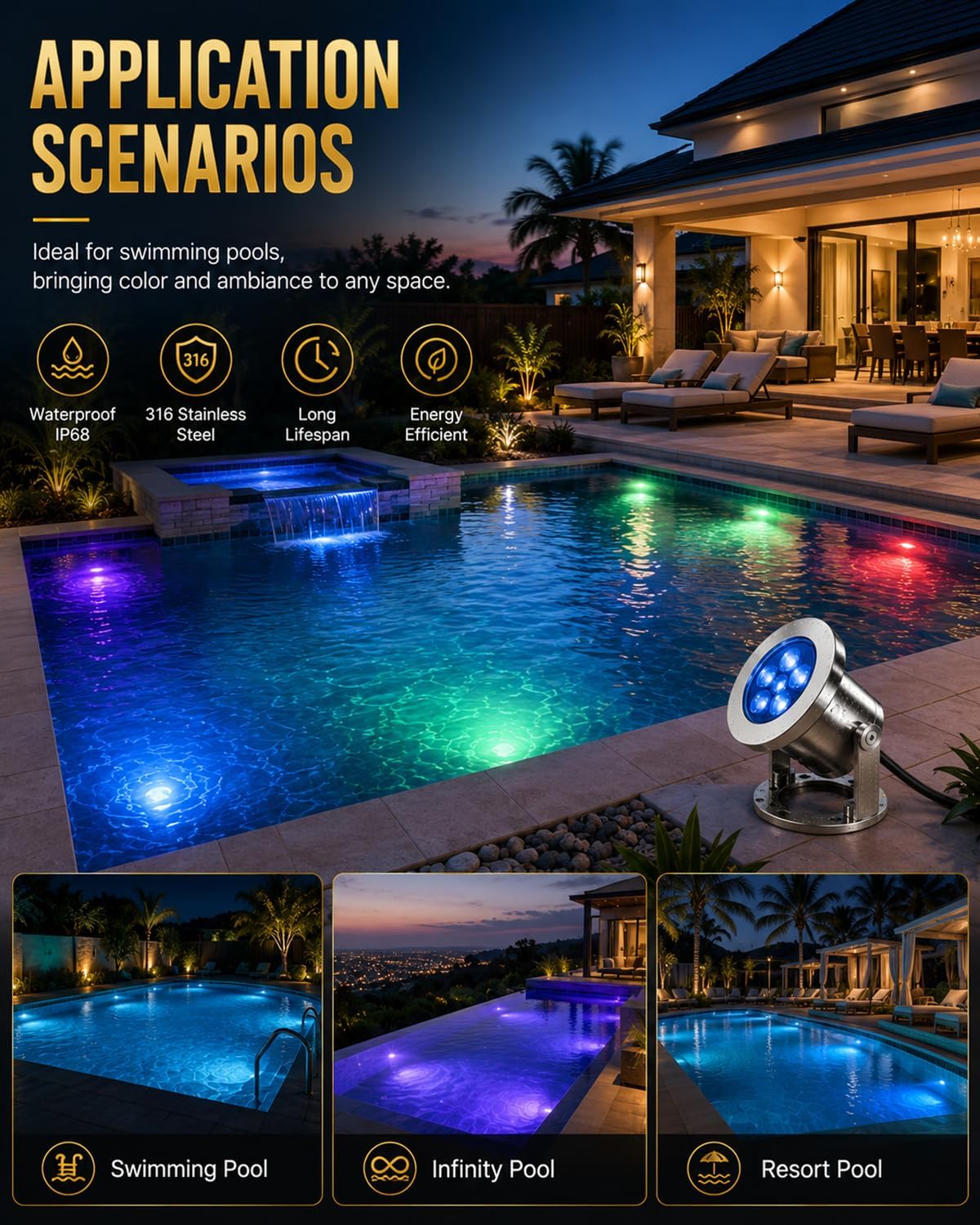 LED Pond Lights with Dual Remote Control, 6W SS316 Stainless Steel RGB Underwater Fountain Light, IP68 Waterproof Submersible LED Lights for Pond Waterfall, Koi Fish Pond (4 Pack)