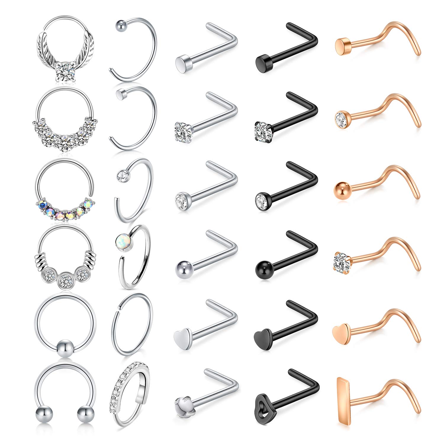 Mayhoop 20g Nose Rings Hoops And Studs For Women Men - Hypoallergenic 316L Surgical Stainless Steel L Shape Nose Screw Bone Silver Rose Gold Black Rainbow Pack 28Pcs