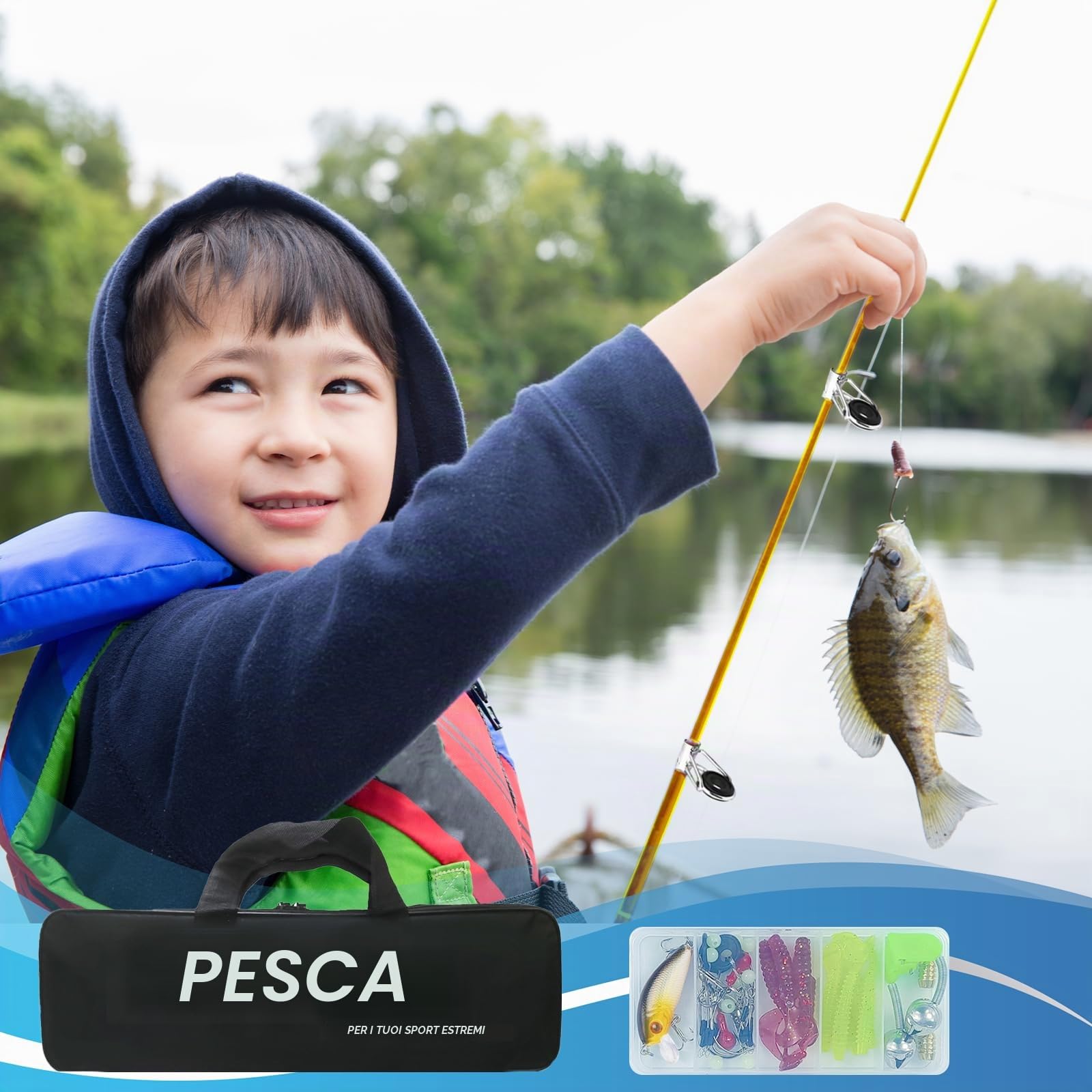 Set da pesca per bambini, 1,8 m, set di canne da pesca per bambini, con mulinello da pesca ed esca, in fibra di carbonio, telescopiche e mulinello, accessori da pesca per bambini dai 3 ai 10 anni