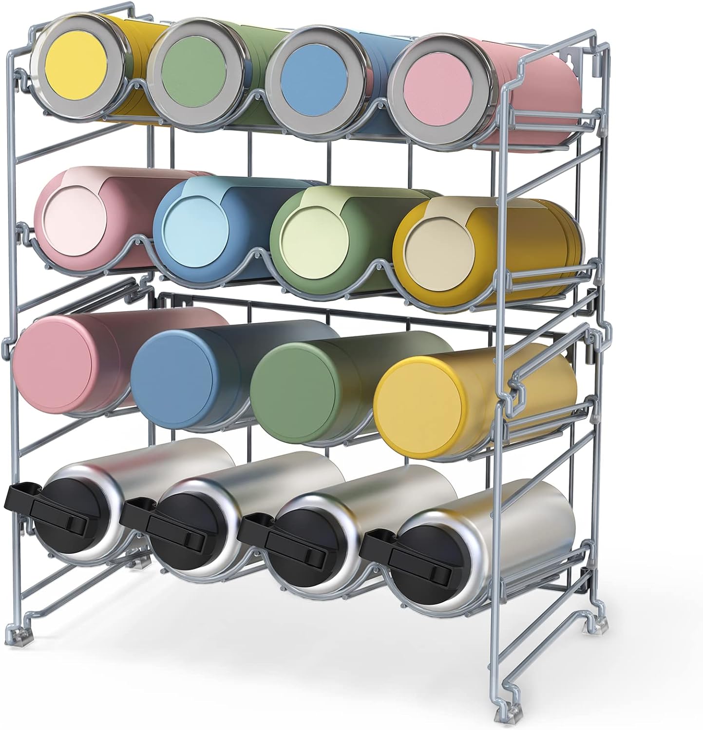 AULEDIO Adjustable Water Bottle Organizer, 4 Tier Stackable Bottle Organizer, Wall-Mounted Water Bottle Holder, Water Bottle Storage for Countertop, Cabinet, Kitchen, Silver