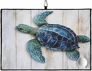 Vintage Ocean Sea Turtle on Wood Grain Golf Towels 24x16in, Absorbent Microfiber Waffle Pattern Golf Towel with Carabiner Clip Marine Life Cleaning Cloth for Ball Club