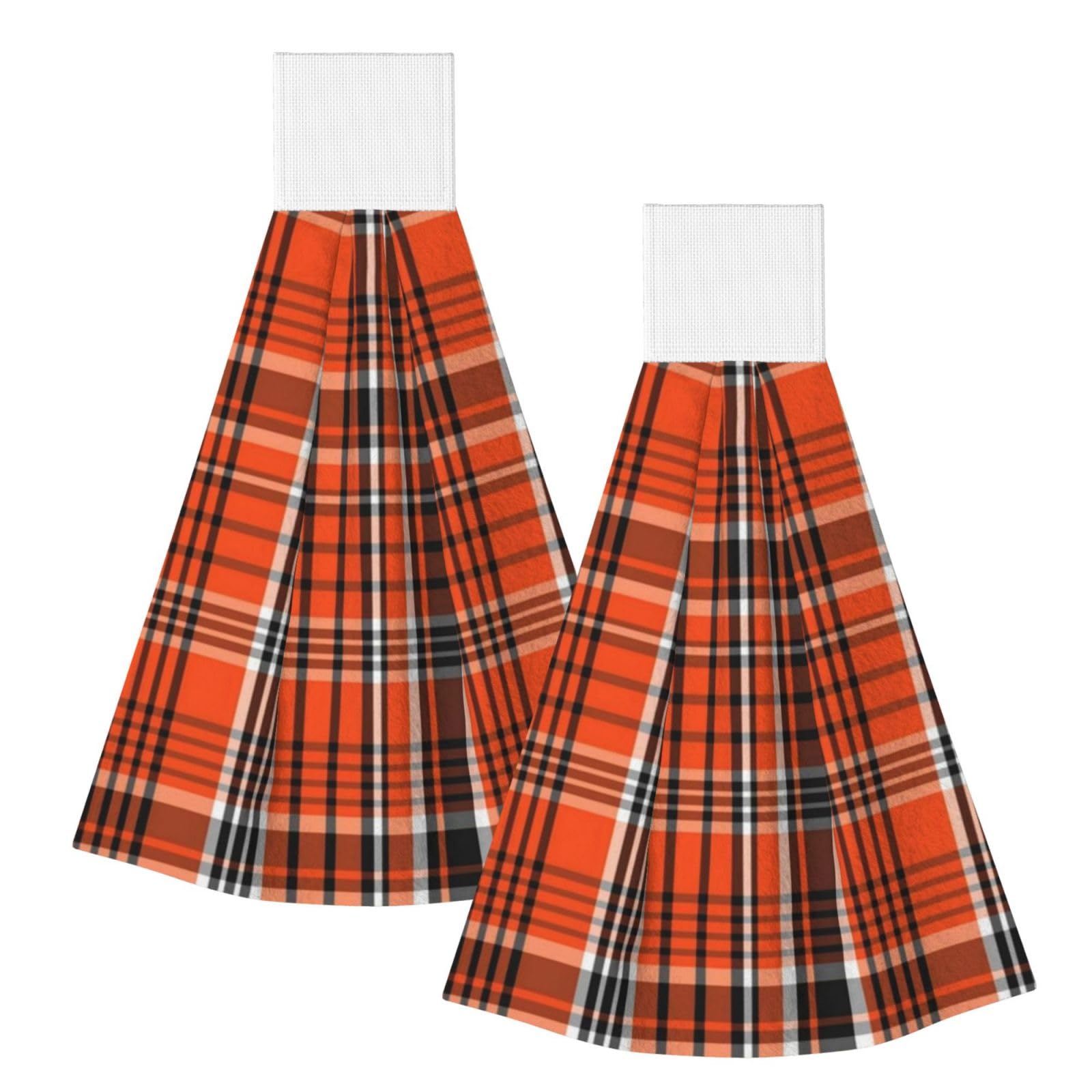 DOPKLNA The Orange And The Black Plaid, 2 Pcs Hanging Coral Fiber Hand Towels for Bathroom, Absorbent Kitchen Towels