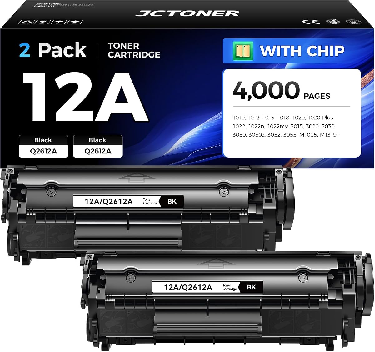 Cartucho de tóner negro 12A, paquete de 2 repuestos para HP 12A Q2612A, compatible con LaserJet MFP M1005 M1319f 1010 1012 1015 1018 1020 Plus 1022 1022n 1022nw 3015 3020 3030 3050z 3050 3052 3055 Impresora