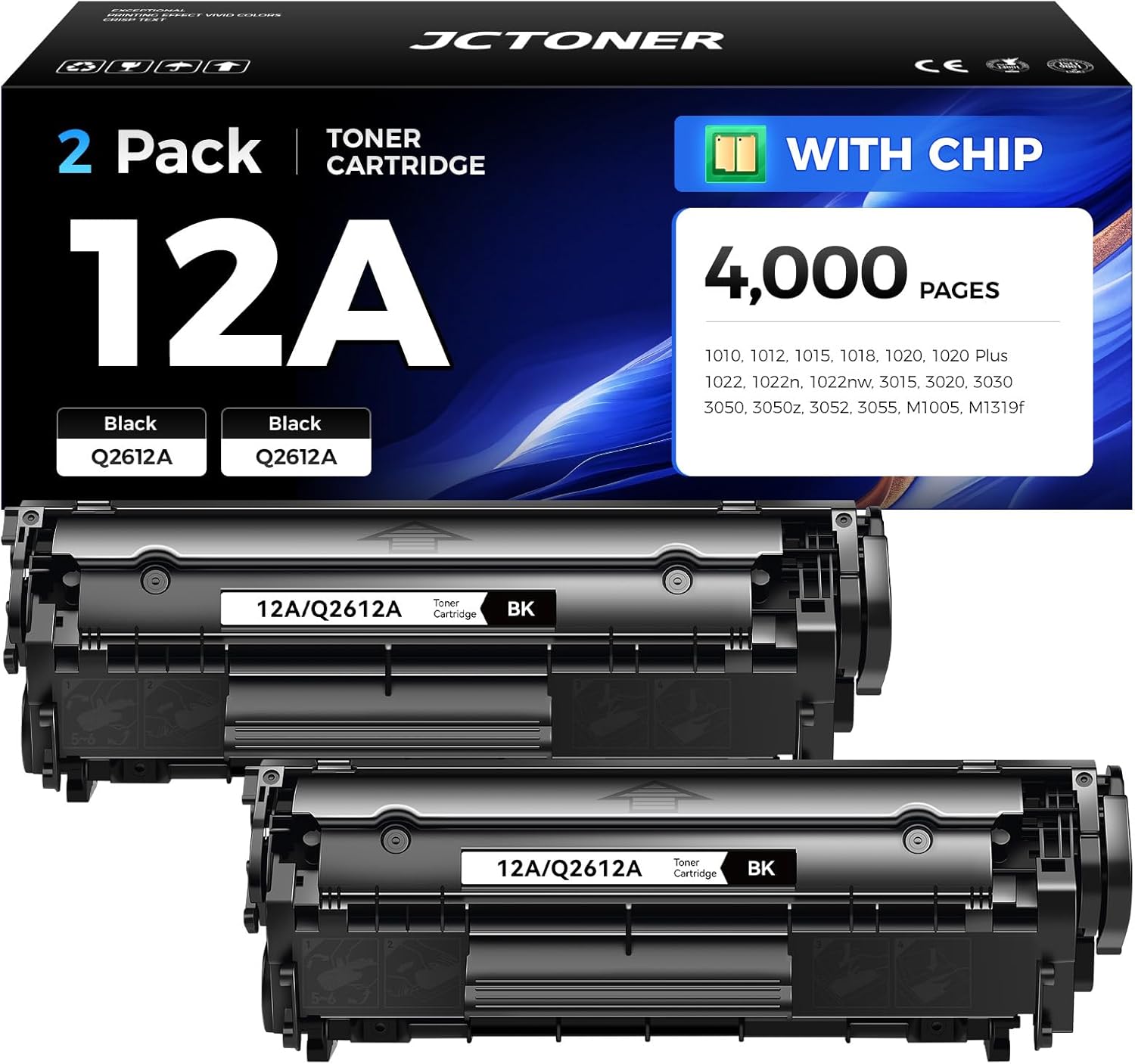 12A Black Toner Cartridge 2-Pack Replacement for HP 12A Q2612A Compatible with LaserJet MFP M1005 M1319f 1010 1012 1015 1018 1020 Plus 1022 1022n 1022nw 3015 3020 3030 3050z 3050 3052 3055 Printer