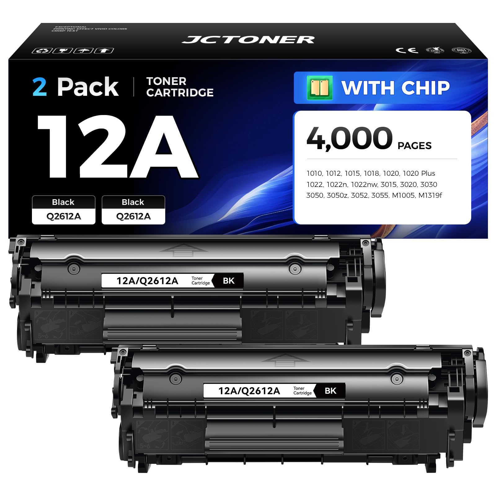 Photo 1 of 12A Black Toner Cartridge 2-Pack Replacement for HP 12A Q2612A Compatible with LaserJet MFP M1005 M1319f 1010 1012 1015 1018 1020 Plus 1022 1022n 1022nw 3015 3020 3030 3050z 3050 3052 3055 Printer
