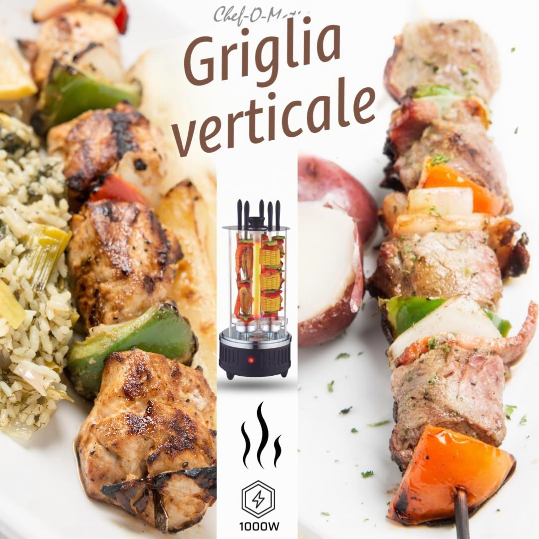 Vertical Grill, Griglia verticale senza olio e grasso,1000W, capacità di 6 spiedini, Rotazione automatica a 360°, facile da pulire, barbecue, ideale per spiedini alla griglia, kebab