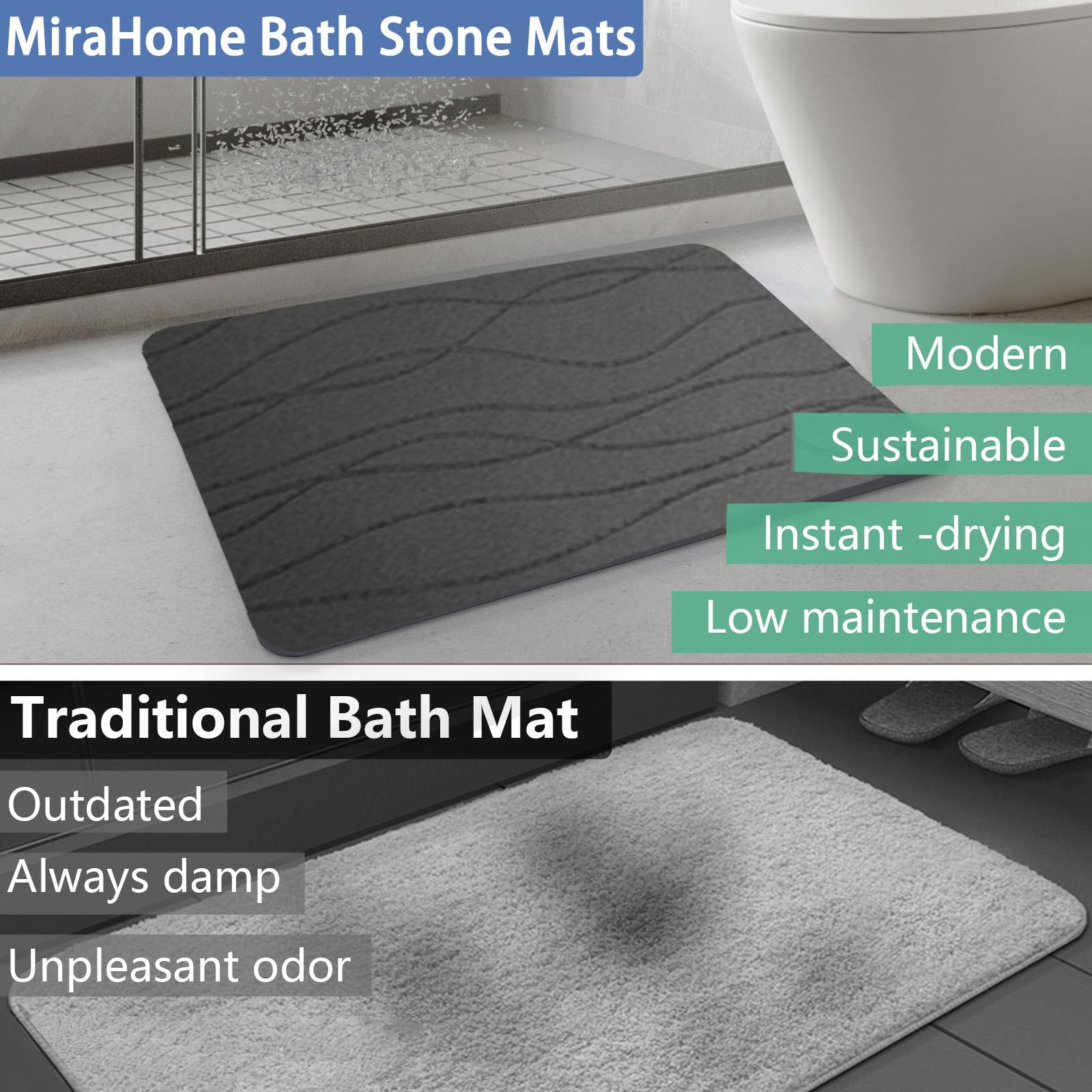 MIRA HOME Alfombrilla de baño de piedra, antideslizante, de tierra de diatomeas, de secado rápido, altamente absorbente, sin olor, fácil de limpiar (rayas gris oscuro)