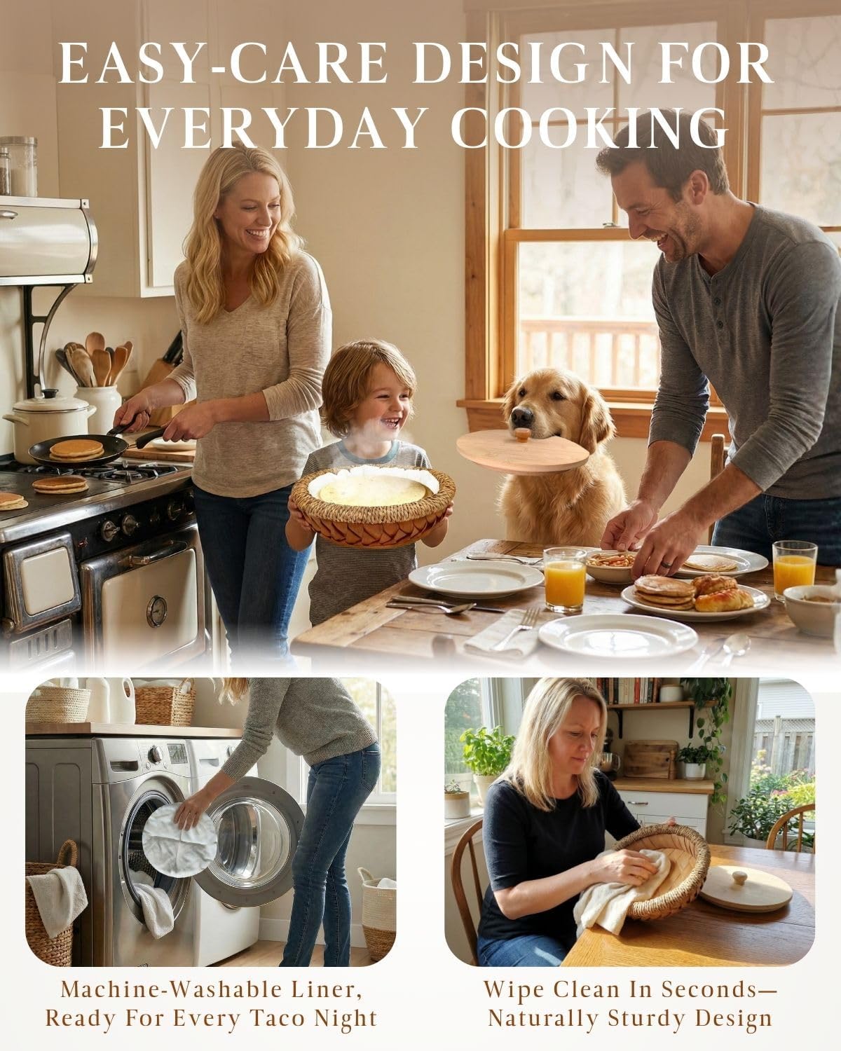 Rattan Weaving Tortilla Warmer Basket with Wooden Cover, 9.6" x 3.15" Natural Tortilla Holder with Cotton Liner, Handmade Basket for Tortillas, Roti, Pancake & Flatbread (Classic Brown)