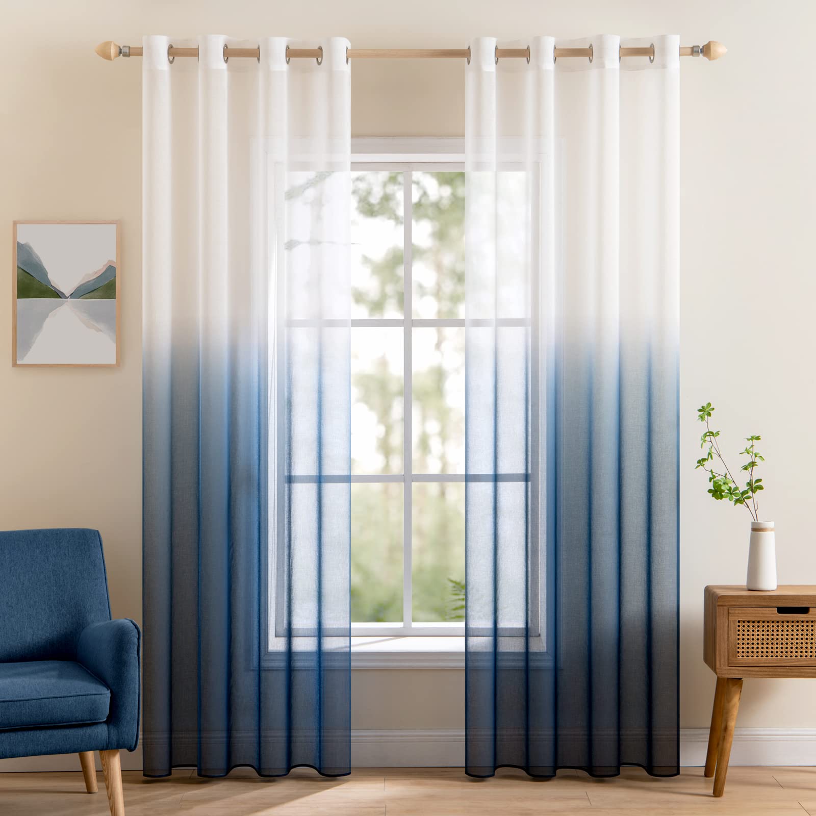 MIULEE Gradient Color Sheer Curtains Grommet Window Curtain Semi Voile Drapes Panels with Eyelets Elegant Modern Window Treatments for Livingroom Garden 2 Panels 55" Wx 96" L Sea-Blue