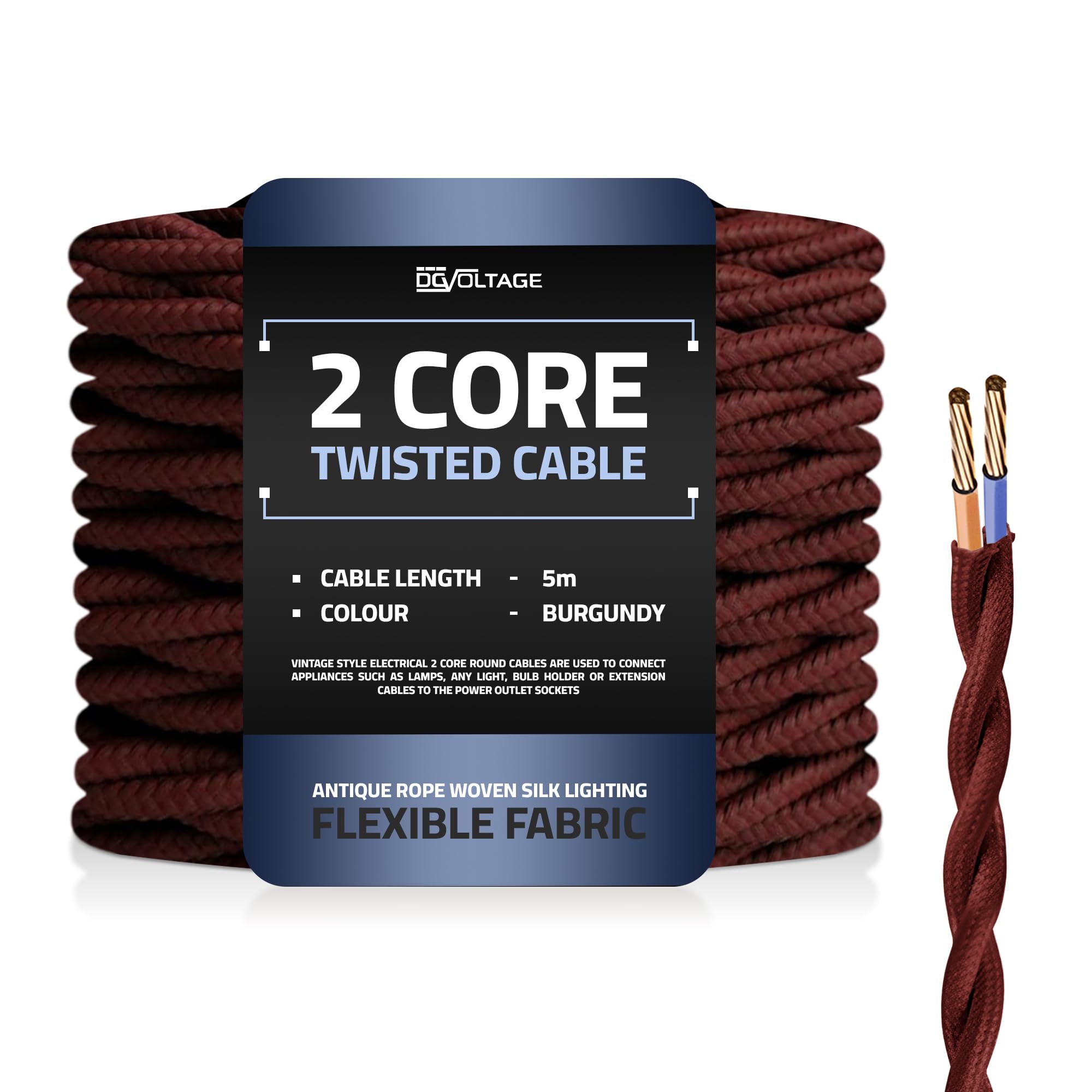 DC VOLTAGE 5m 2 Core Twisted Cable Flexible Wire Lamp Cord, 2 Conductor 16.4ft Fabric Covered Electrical Cable Antique Style Wiring Cloth Covered Braided DIY Lighting Electrical Cord (Burgundy)