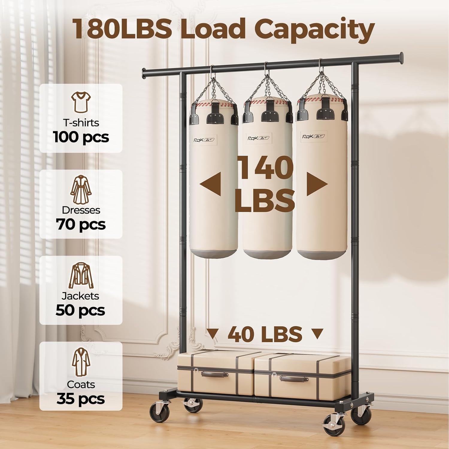 Clothes Rack, Clothing Rack for Hanging Clothes, Rolling Garment Rack Sturdy Coat Rack Portable Wardrobe Rack Metal Closet Rack for Bedroom Laundry Living Room, Black