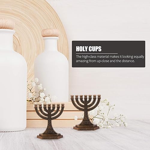 Miniatura 9 de Portavelas de 7 ramas, 2 piezas de latón antiguo templo menorá adorno de escritorio Tierra Santa para mesa religiosa, decoración de centro de mesa