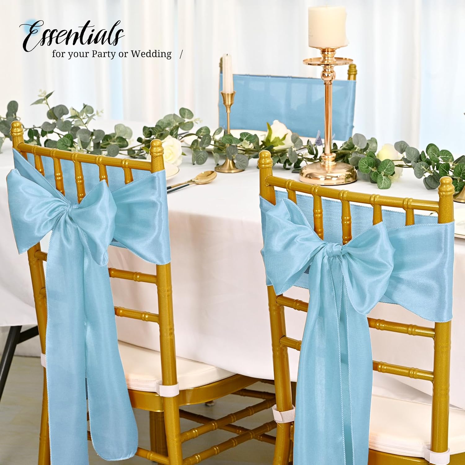 Pesonlook 60 PCS Light Blue Satin Chair Sashes Bows Satin Chair Sashes Universal Chair Cover for Wedding Reception Restaurant Event Decoration Banquet,Party,Hotel Event Decorations (7 x 108 inch)