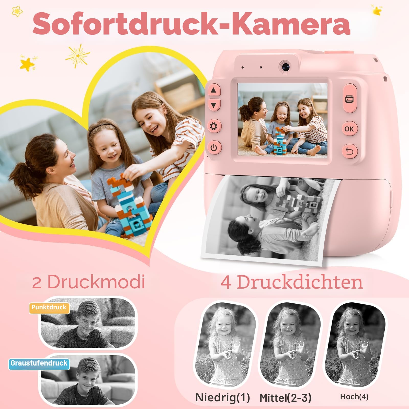Sofortbildkamera Kinder, 1080P Kinderkamera Sofortbildkamera mit 32GB Karte & 3 Bände Druckpapier, 48MP 2,4 Zoll Kamera Kinder Sofortdruck, Geschenke für Jungen und Mädchen 3-12 Jahren
