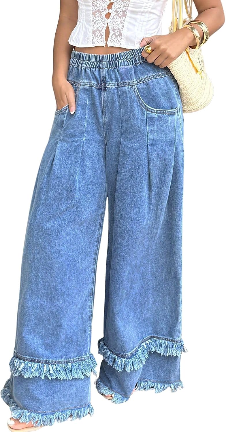 chouyatou Women's Frayed Fringe Wide Leg Jeans Pleated Baggy Denim Pants image 5