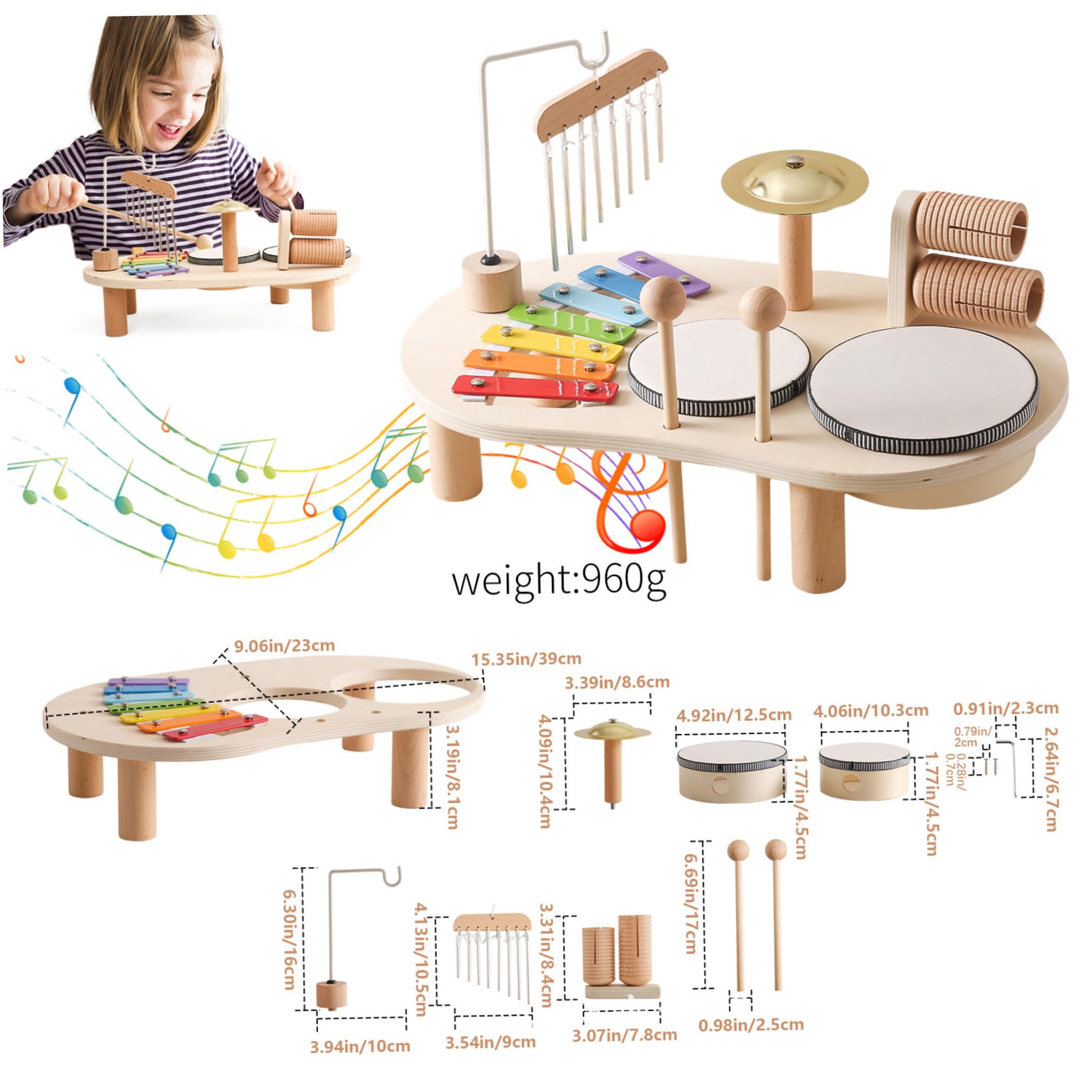 Kinder-Schlagzeug-Set, 5-in-1, hölzernes Kleinkind-Schlagzeug, pädagogische Kindermusikinstrumente, babysichere Perkussion