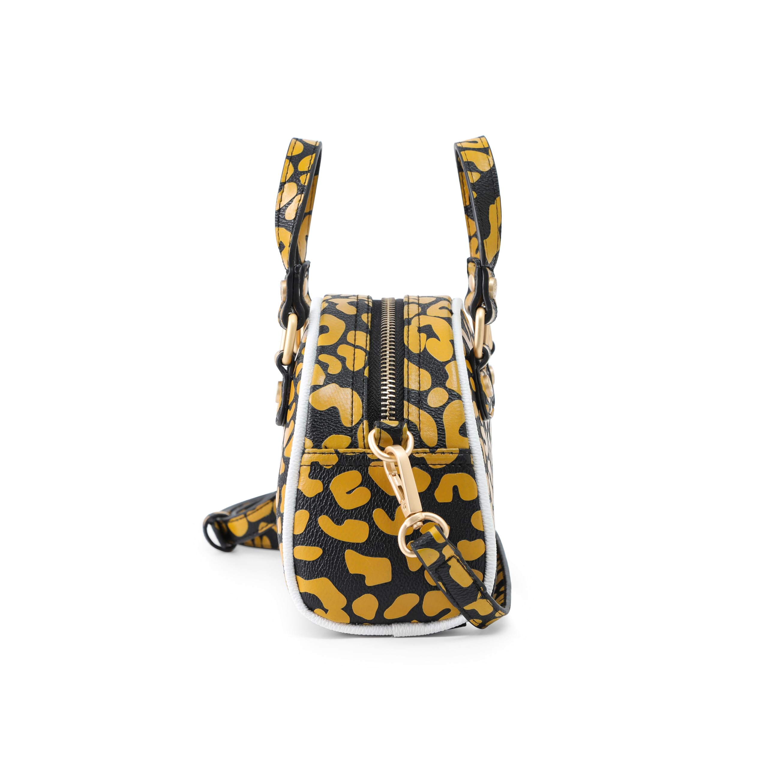 Von Dutch Mini Bowling Bag Cheetah Print | 6.8” Vegan Leather Crossbody with Logo Hardware, Top Handles & Zipper Pouch, Cheetah Grey