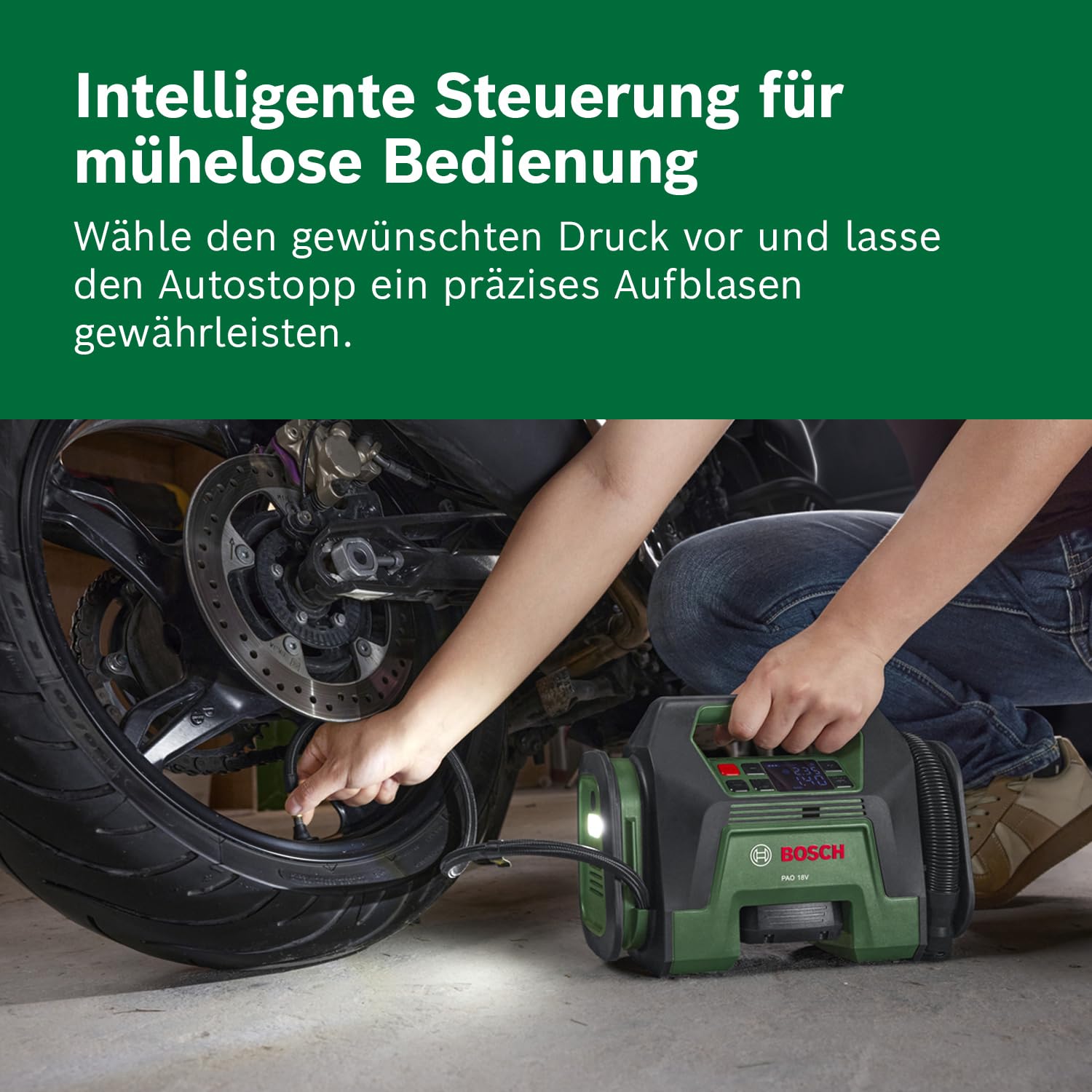 Bosch Akku-Kompressor PAO 18V (Zum Aufpumpen von Reifen bis hin zu großen Schlauchbooten; inkl. Reifenventil, Luftpumpenclip, französischem Ventil, Ballnadel, Volumenadapter)