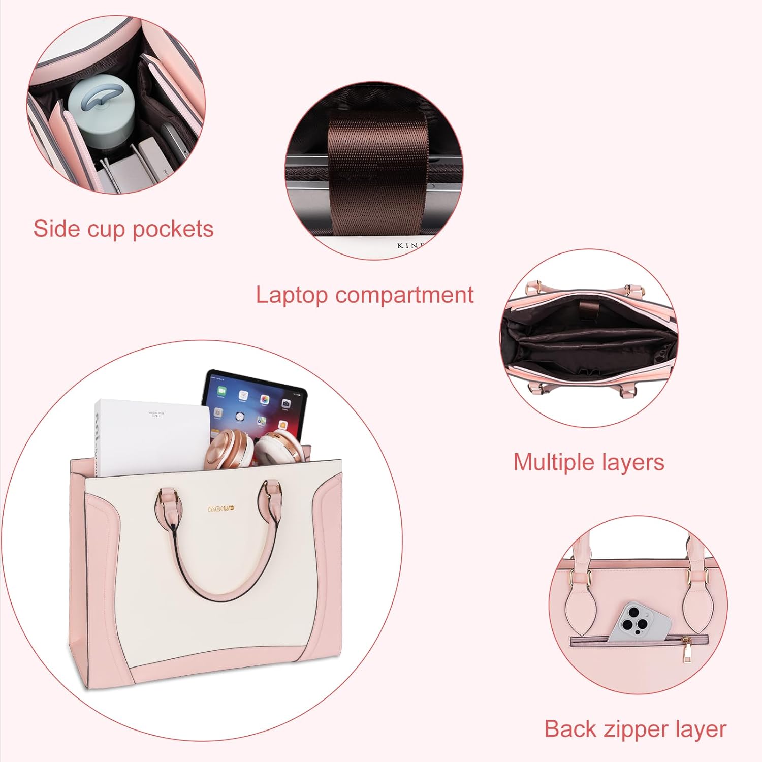 MOSISO Large Tote Bags for Women, 15.6 inch Waterproof PU Leather Tote Bag with Laptop Compartment, Large Capacity Purse Handbag Crossbody Top Handle Laptop Bag for School Business Office Work, Pink - Image 4