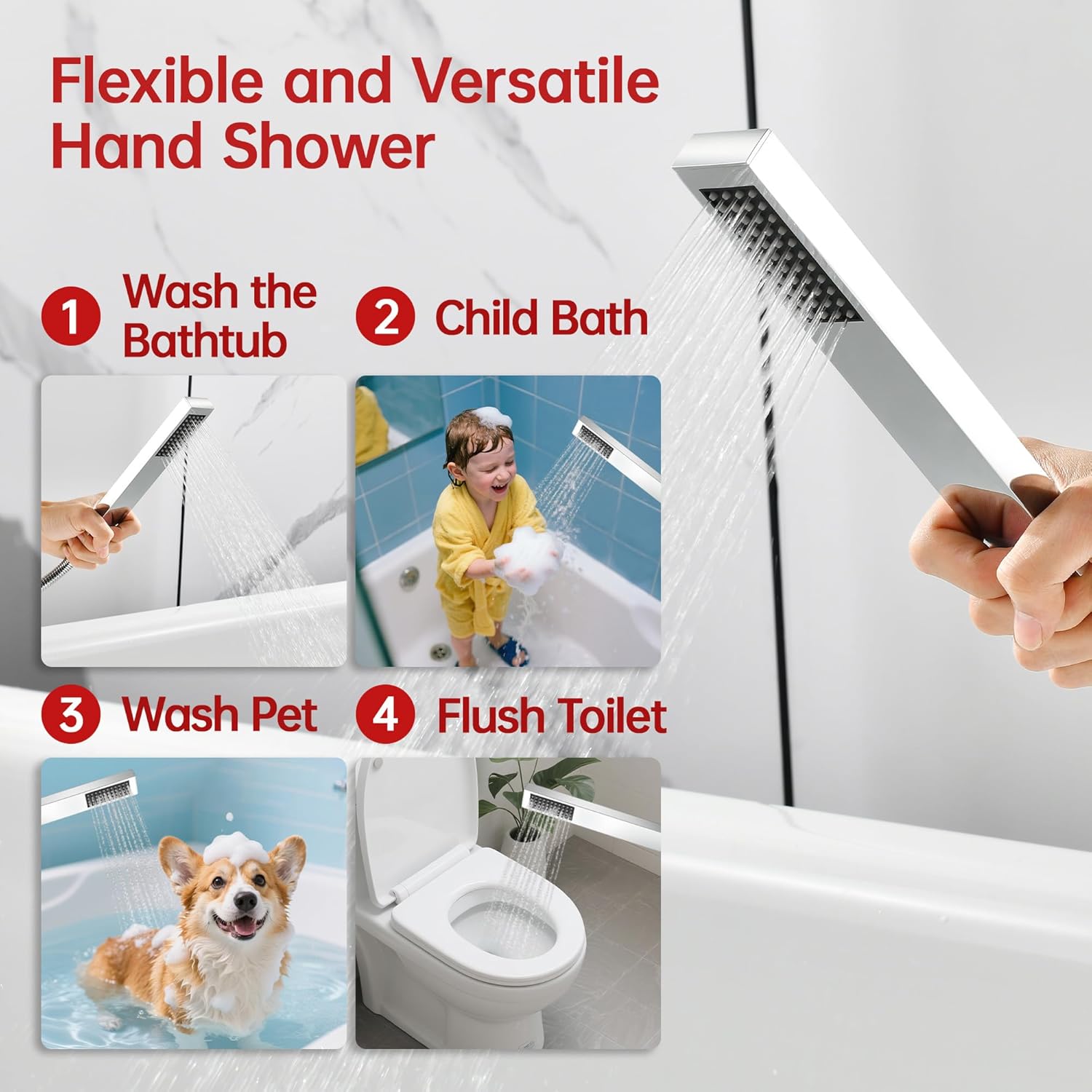 SUMERAIN 5 Hole Roman Tub Faucet with Hand Shower, High Flow Deck Mount Waterfall Bathtub Faucet with Valve, Chrome Finish