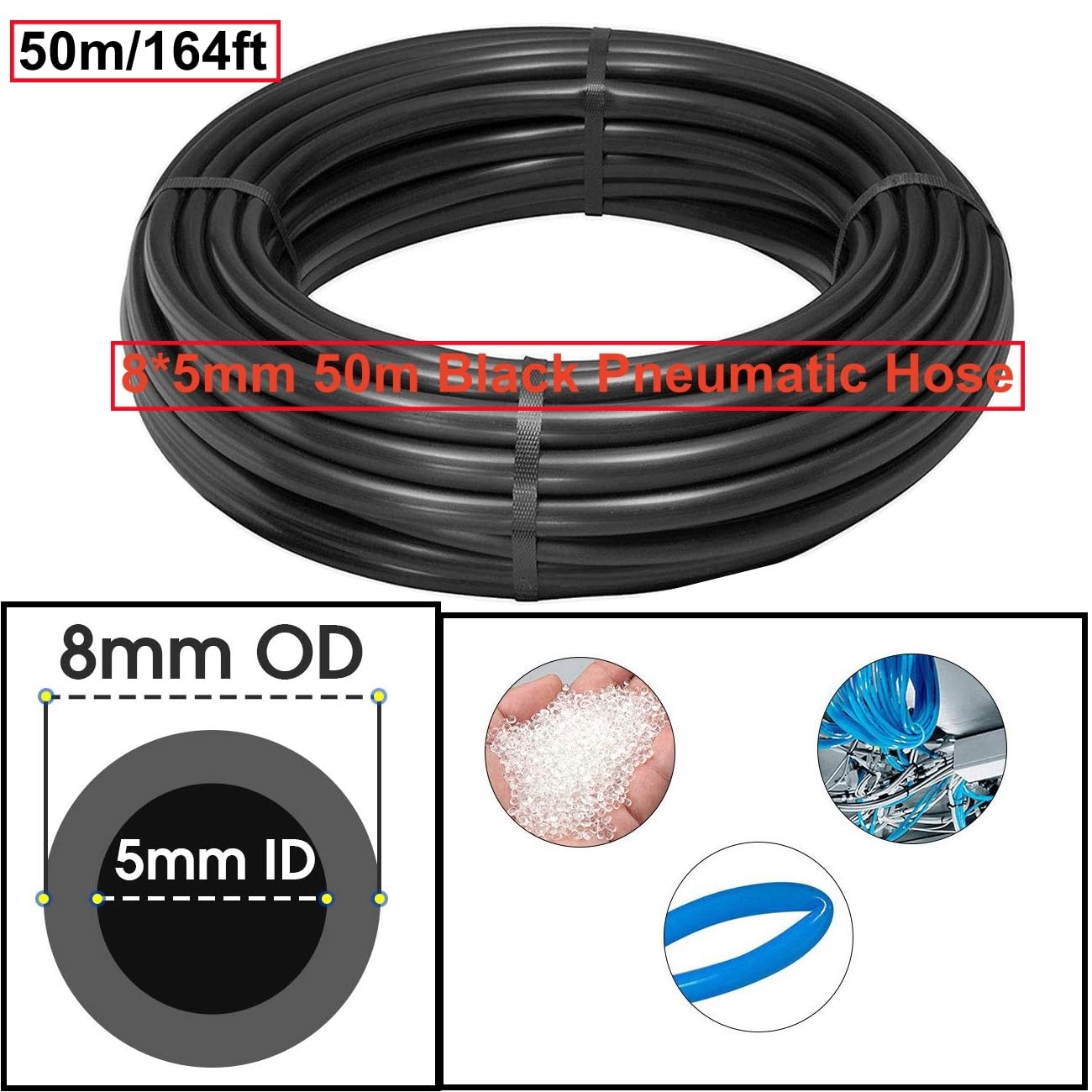 50 Meter Tuyau Pneumatique Polyuréthane PU Air Kit Noir 8mm OD x 5mm ID Tuyau Air Comprimé Peut Etre Utilisé pour Les Compresseur Outils Pneumatiques