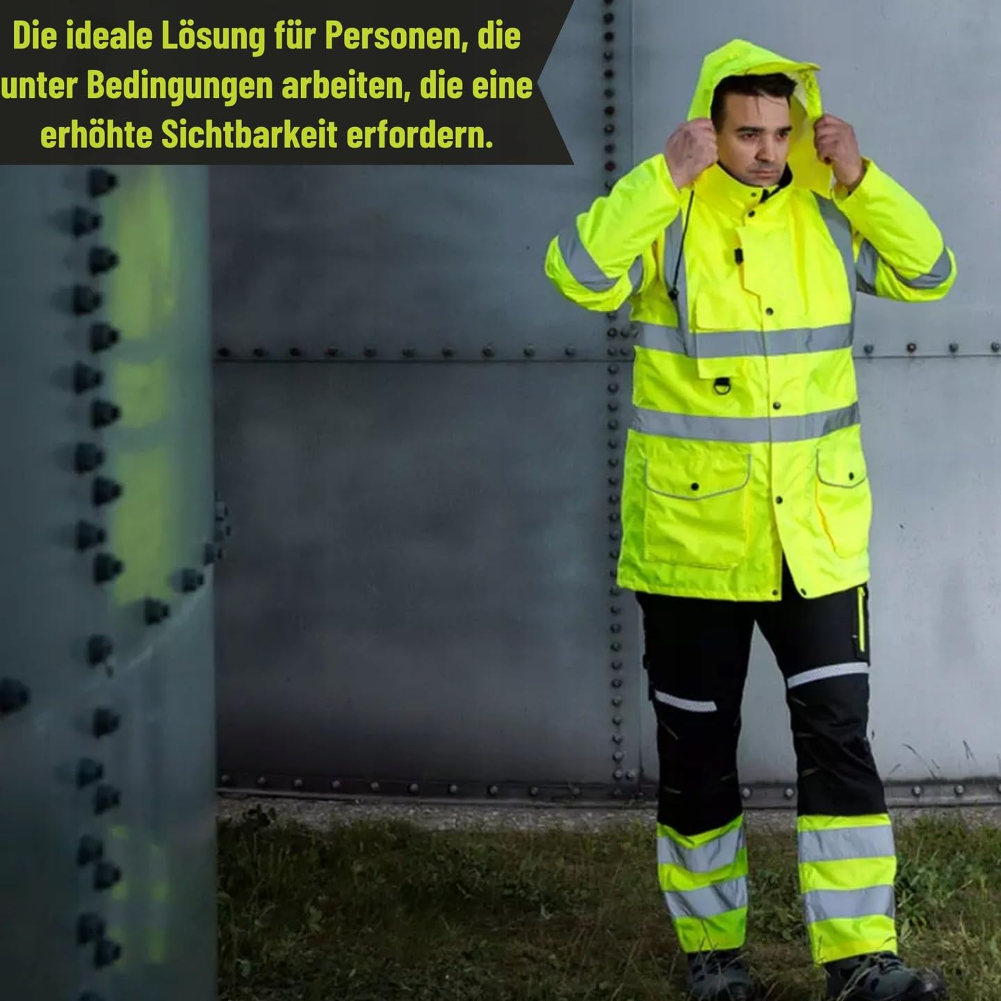 NEO TOOLS Warnschutzhose Schwarz-Gelb – Hohe Sichtbarkeit (Klasse 1) – Robustes Twill-Gewebe, Kniepolstertaschen und Multifunktionstaschen – Für BAU, Straße und Lager