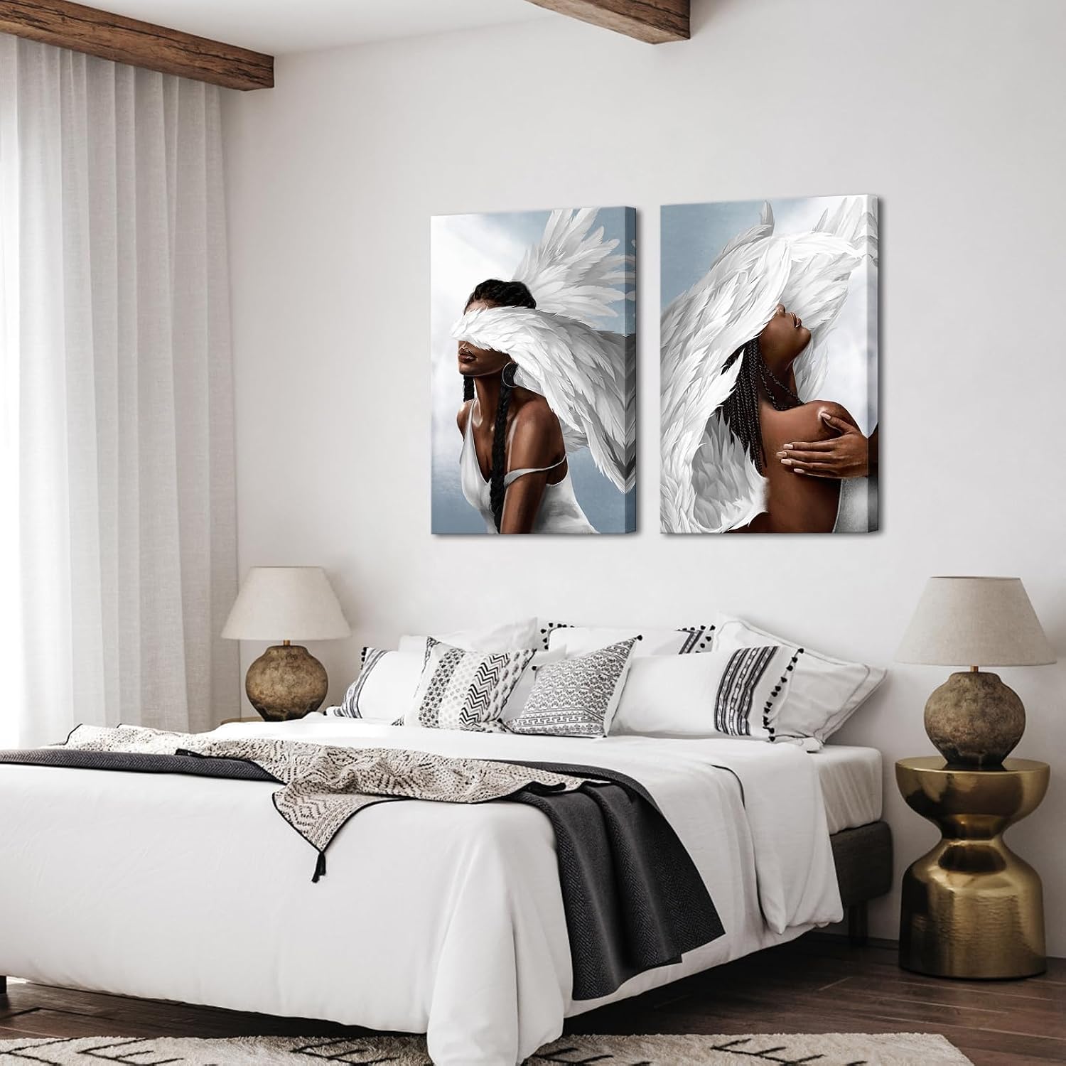 NutArtPic Angel Wall Art Canvas Woman with Angel Wings Painting Prints African American Girl Pictures Angel Girl Artwork for Home Living Room Bedroom Decor (24''x36''x2panels)