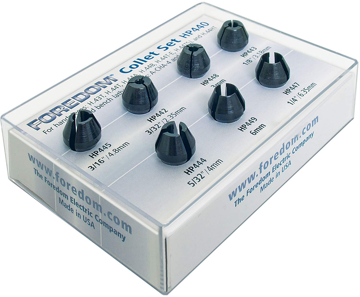 Collet Set #440 for Handpieces #44T, #44HT, #44TSJ, #43T & CHA-5, 1/16”, 3/32”, 3mm, 1/8”, 5/32”, 6mm & 1/4” Collets