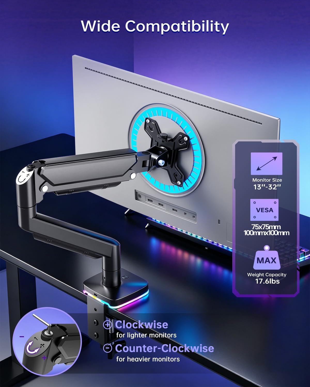 Afaloona Supporto per monitor singolo RGB, braccio per monitor a molla a gas con 3 porte USB, funzione di ricarica e trasferimento dati USB, supporto da scrivania per monitor da 13"-32" fino a 9 kg