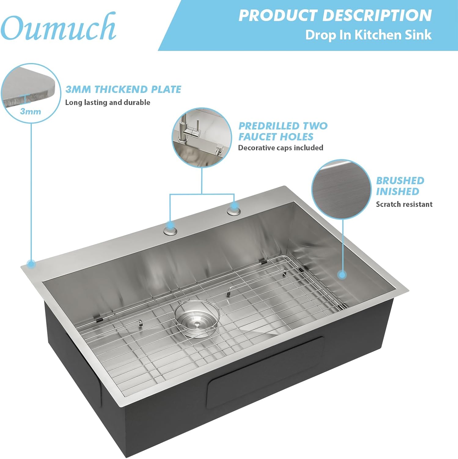 25 Inch Drop-In Utility Sink - 18 Gauge 25×22 Stainless Steel Single Bowl, 9-Inch Deep Topmount Sink for Kitchen & Laundry Room