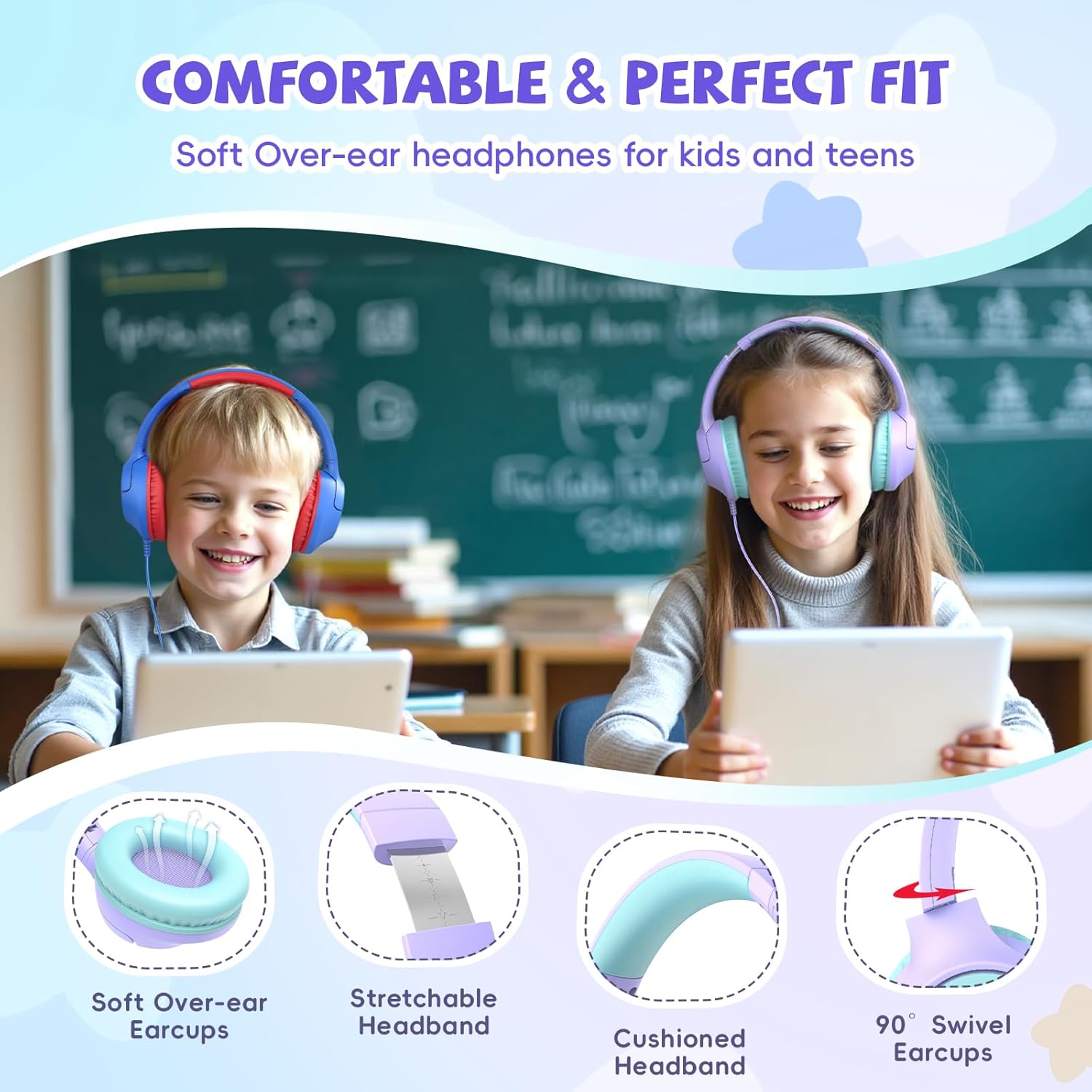 Kids Wired Headphones for School, 85/94 dB Volume Limit, Wired Over Ear Headphones for Girls Kids with Microphone, Foldable Stereo Sound 3.5mm Wire Cord for Kindle Tablet Airplane Travel, Purple - Image 5