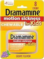 Vista 5 de Dramamine Alivio del mareo por movimiento, tabletas todo el día menos somnolencia, 8 unidades, paquete de 3 y uva masticable para niños, 8