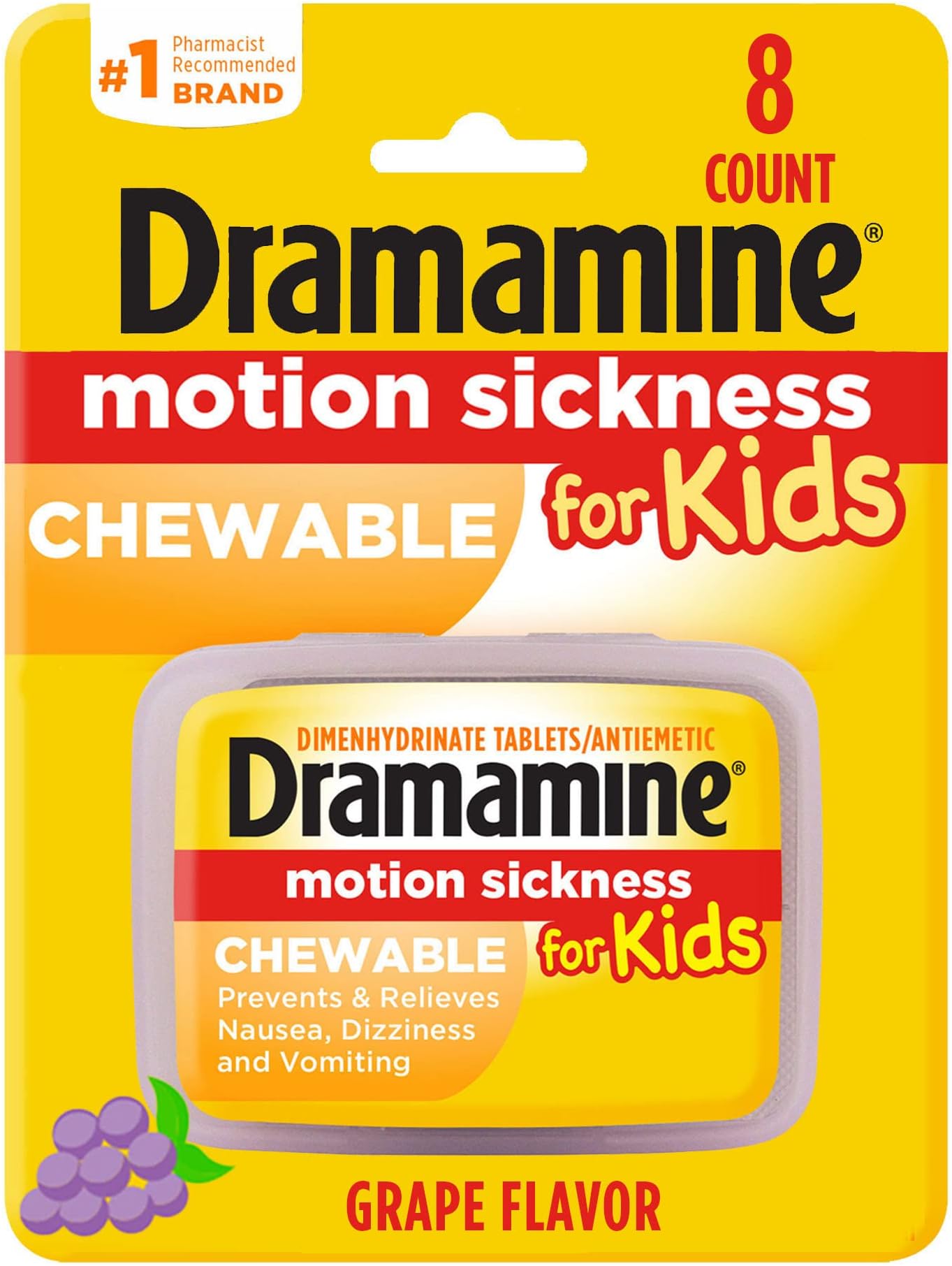 Dramamine Motion Sickness Less Drowsy Raspberry Cream Chewable Tablets 12 Count 2 Pack Kids Grape Flavored Chewable Tablets Motion Sickness Relief 8 Count